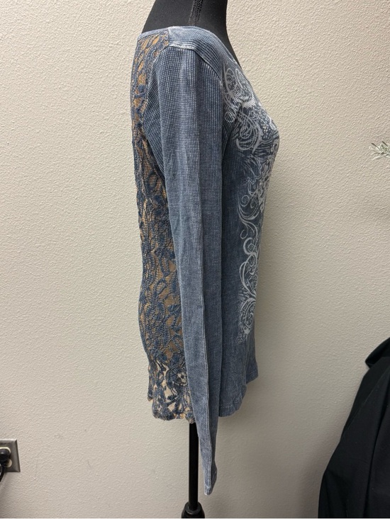 Daytrip Blue Thermal Top Lace Back Rhinestone Long Sleeve Boho Medium - Picture 6 of 9